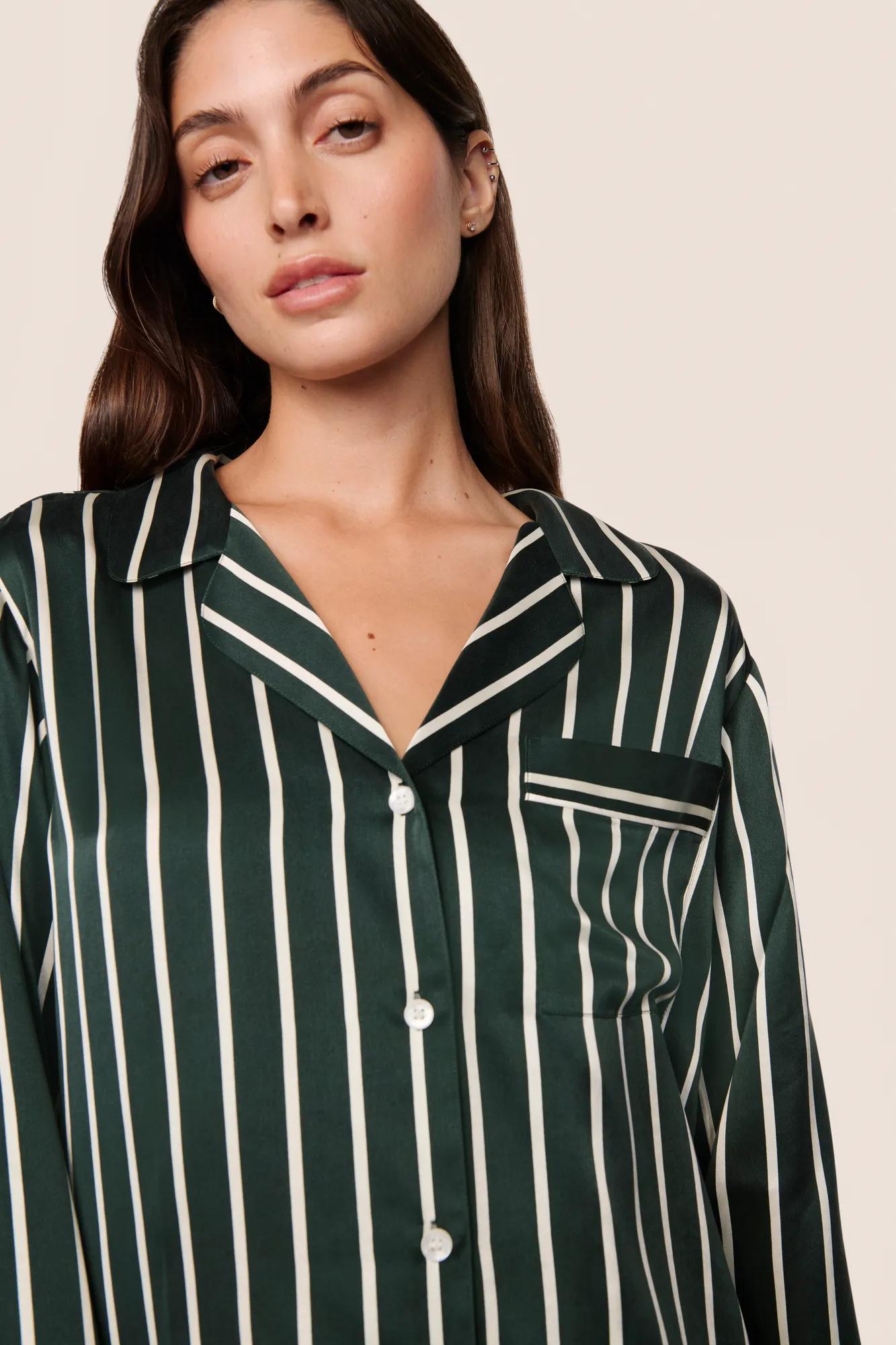 Women's Green Stripe Printed Home Long Sleeve Suit
