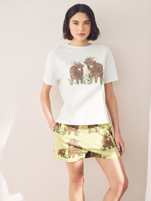 Cream Green The Highland Cow Cotton Short Sleeve Pyjamas
