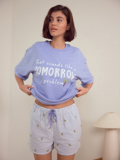 Palm Tree Blue Cotton Textured Short Pyjamas Set