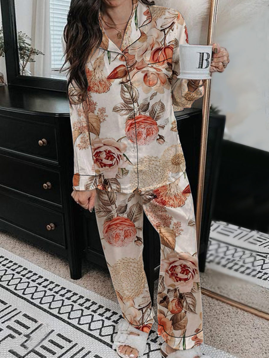 Women's Romantic Floral Pattern Long Sleeve Pants Set