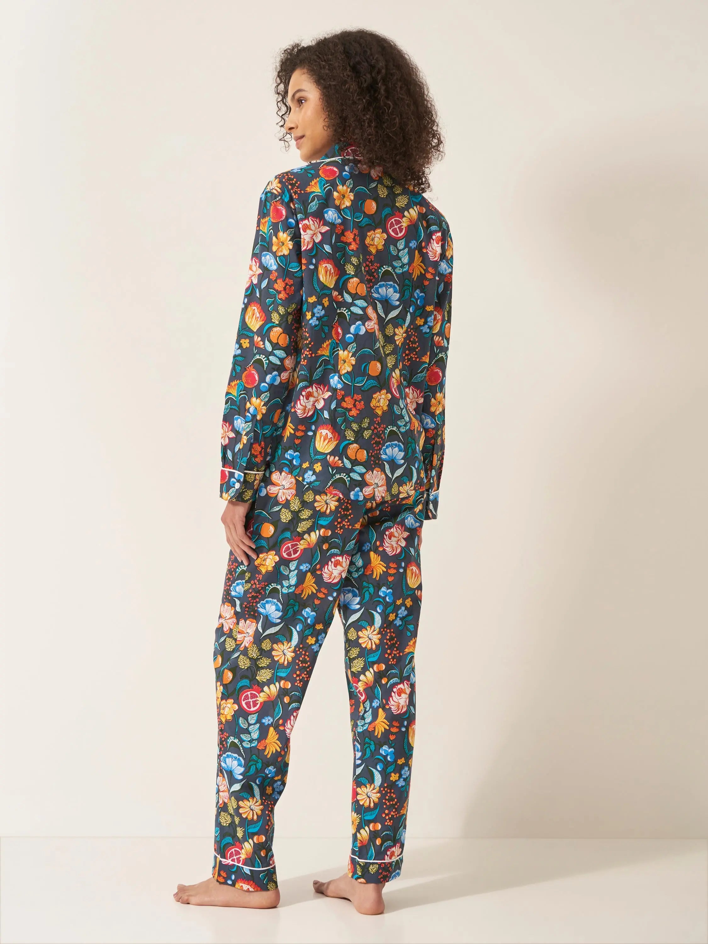 Florals on Navy Women's Long Sleeve Organic Cotton Pyjama Trouser Set
