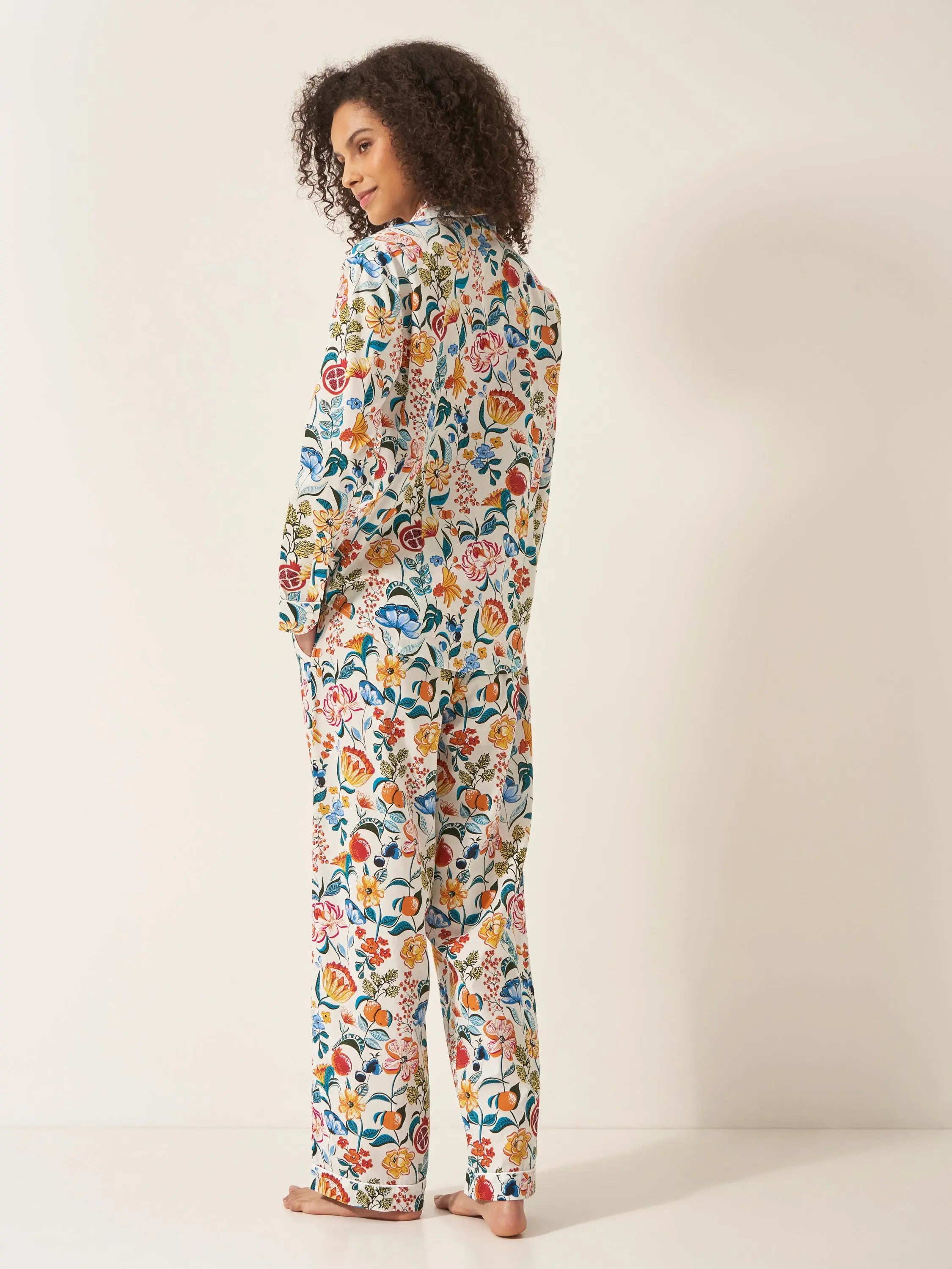 Florals on White Women's Long Sleeve Organic Cotton Pyjama Trouser Set