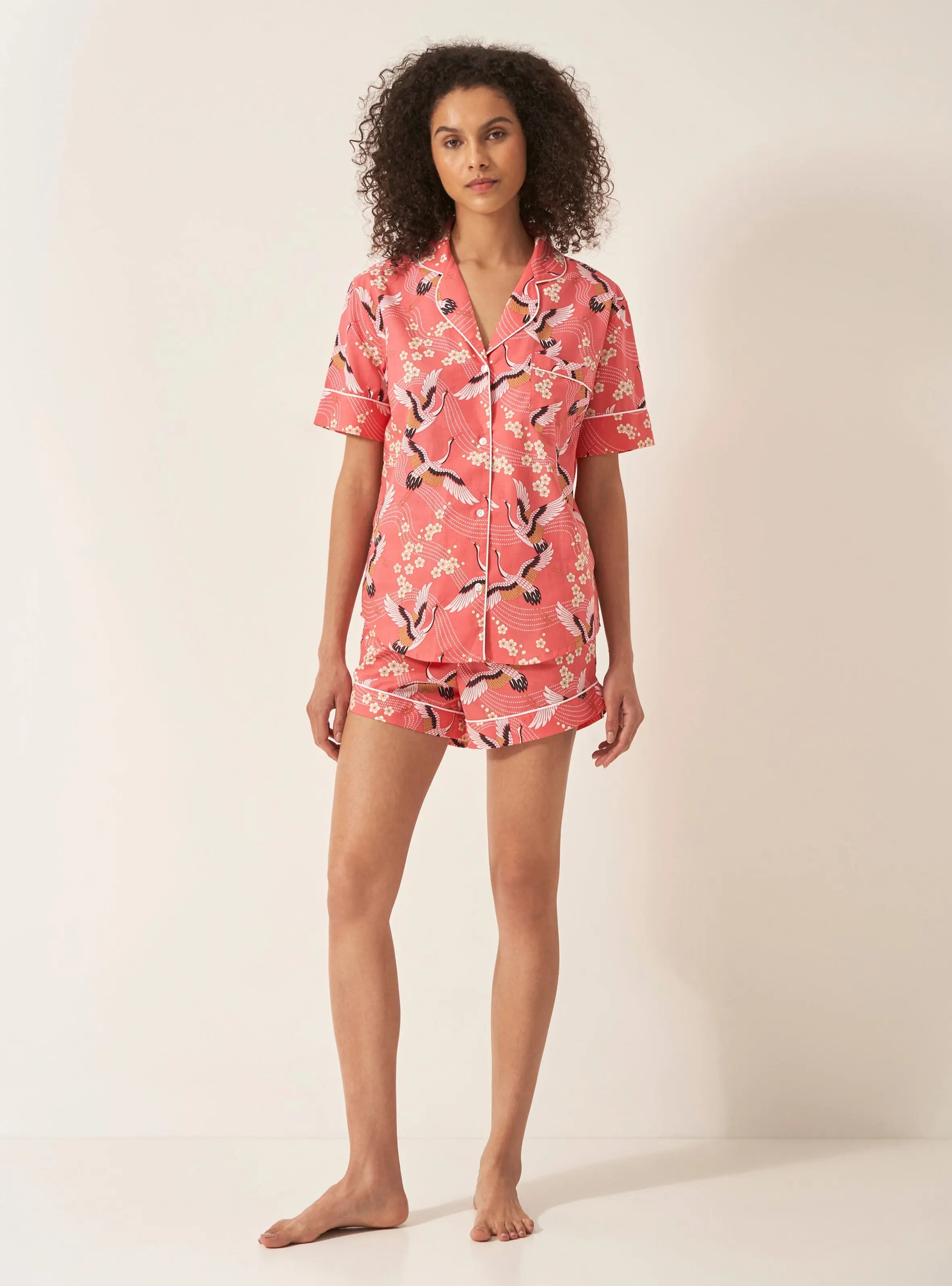 Japanese Crane on Coral Women's Short Sleeve Organic Cotton Pyjama Short Set