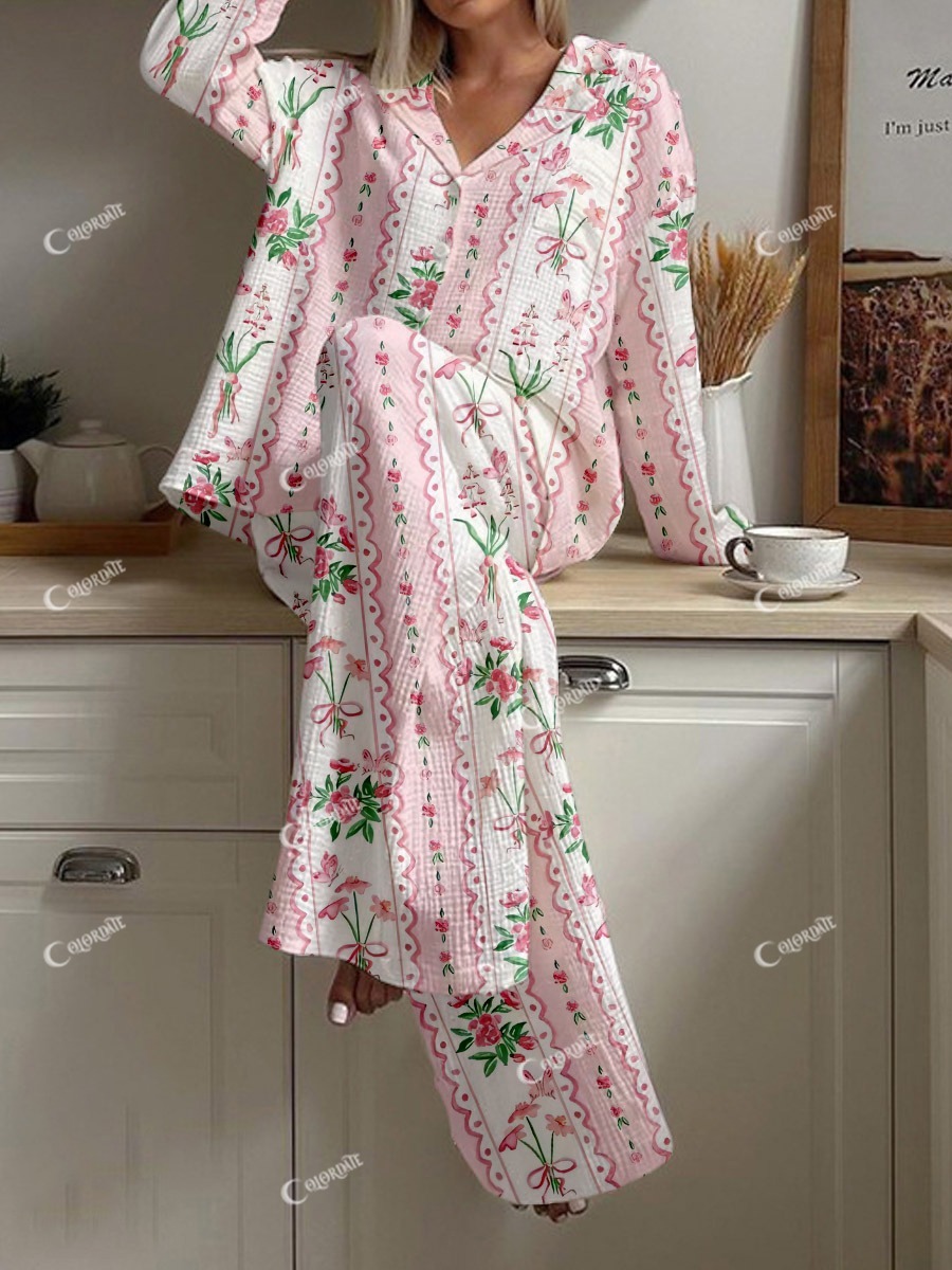 Women's Pink Floral Stripe Print Cotton Cardigan Loungewear Set