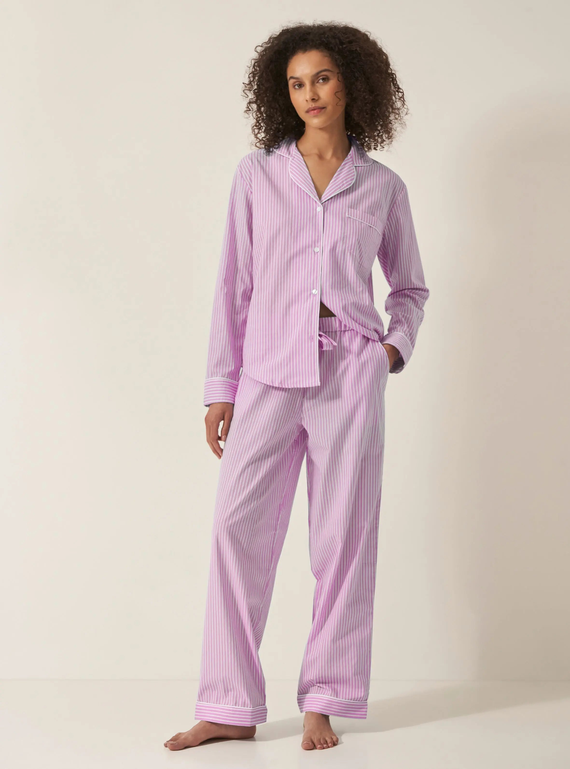 Mauve Stripe Women's Long Sleeve Organic Cotton Pyjama Trouser Set