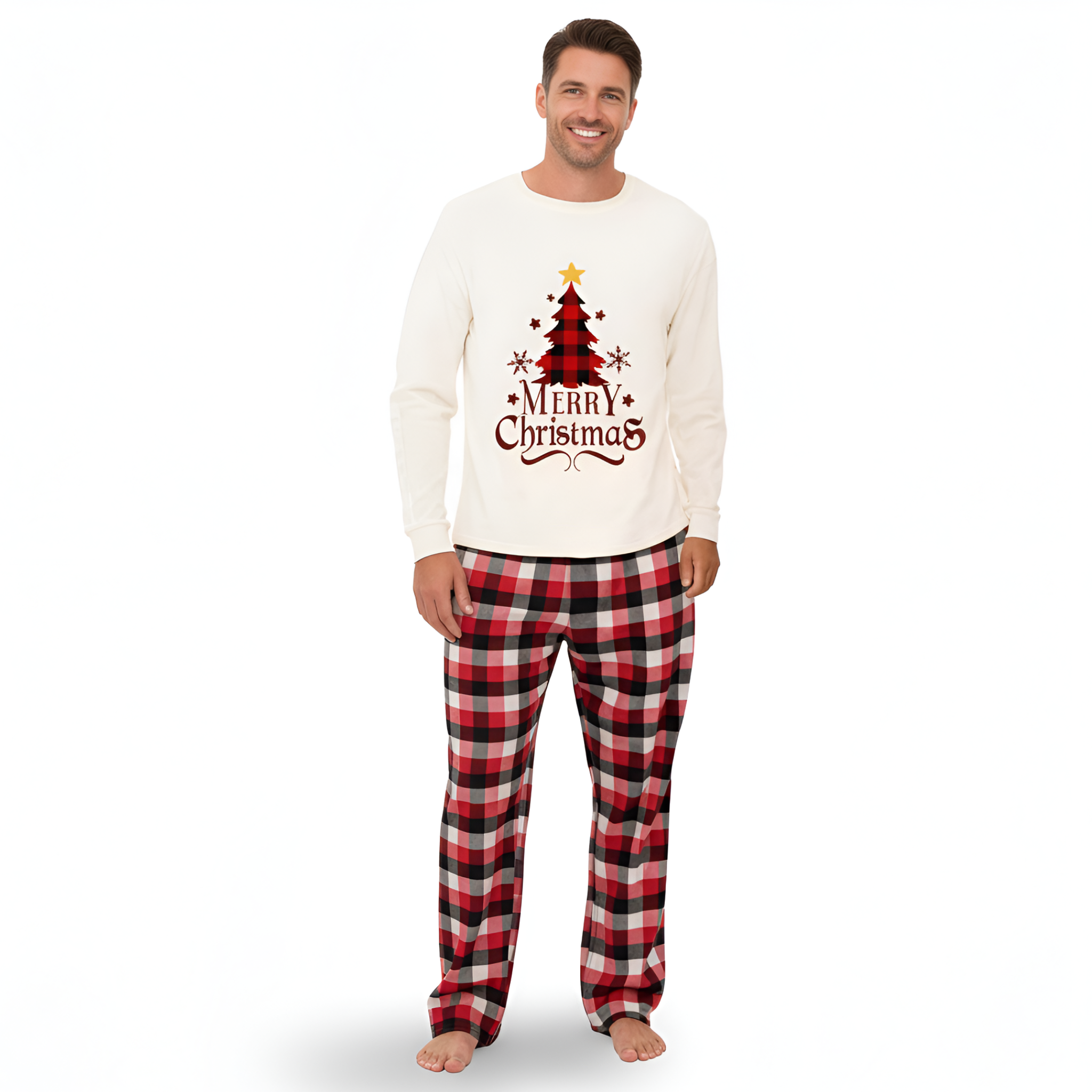 Merry Christmas Tree With Plaid Pants And Pet Outfit Family Matching Pajama Sets