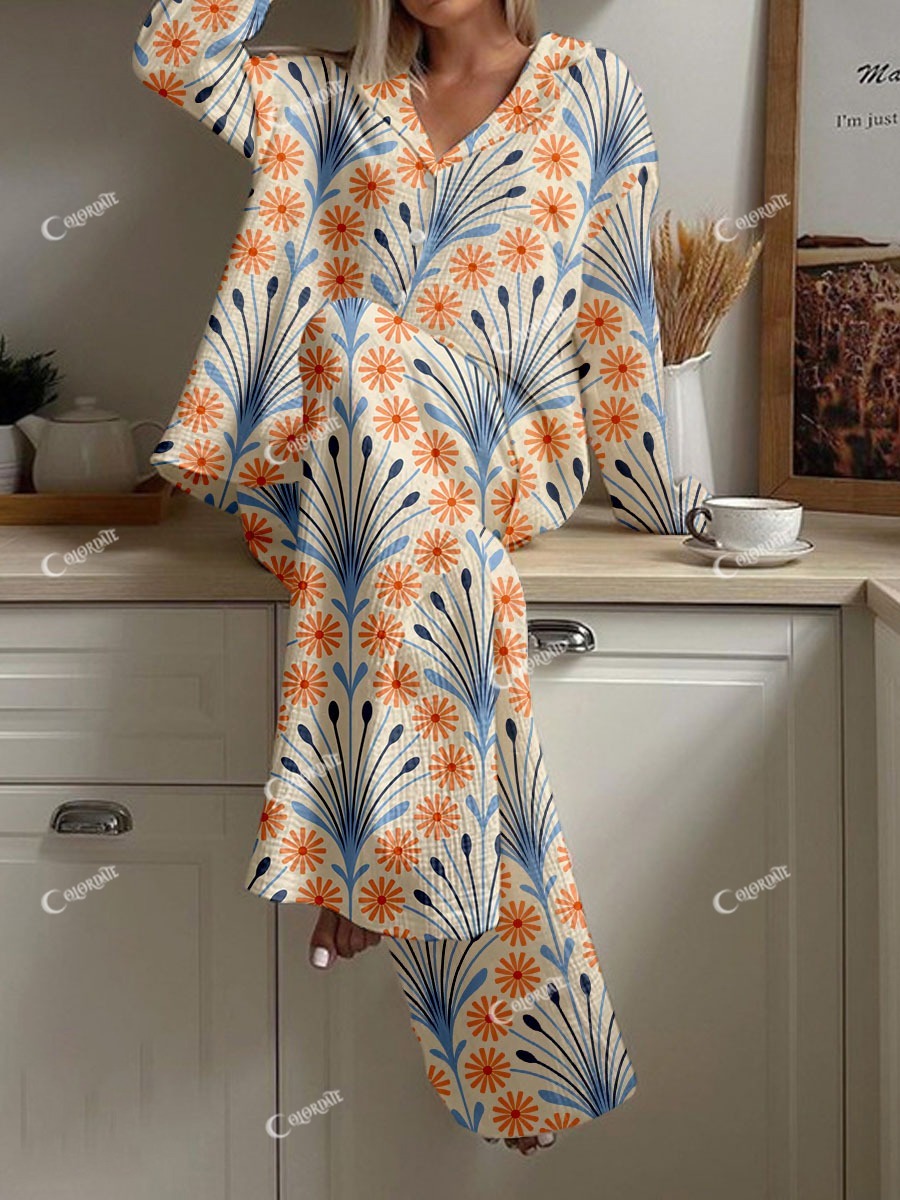 Women's Minimalist Floral Stripe Print Cotton Cardigan Loungewear Set