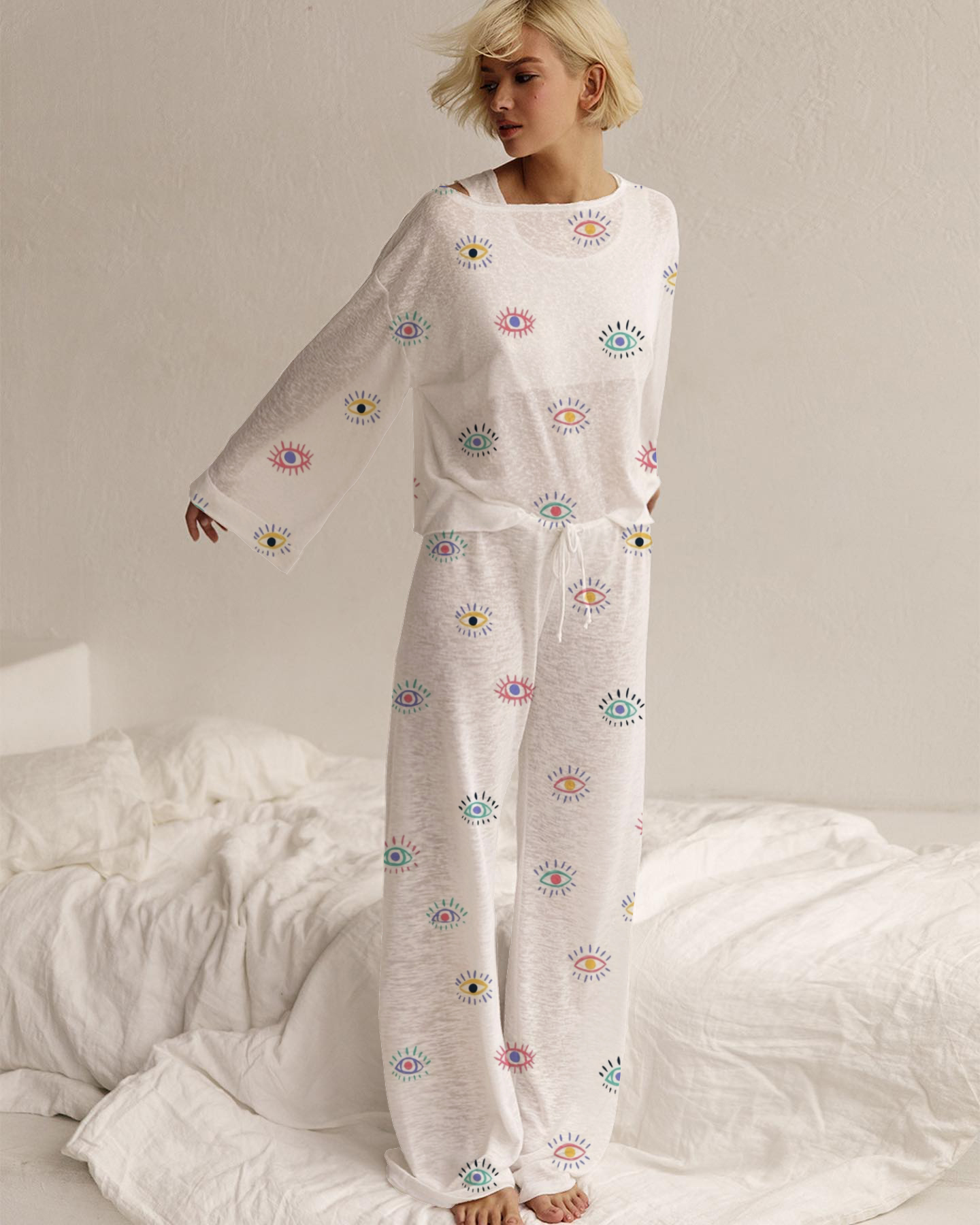 Women's Colored Eyes Long Sleeve Cotton Homewear Set