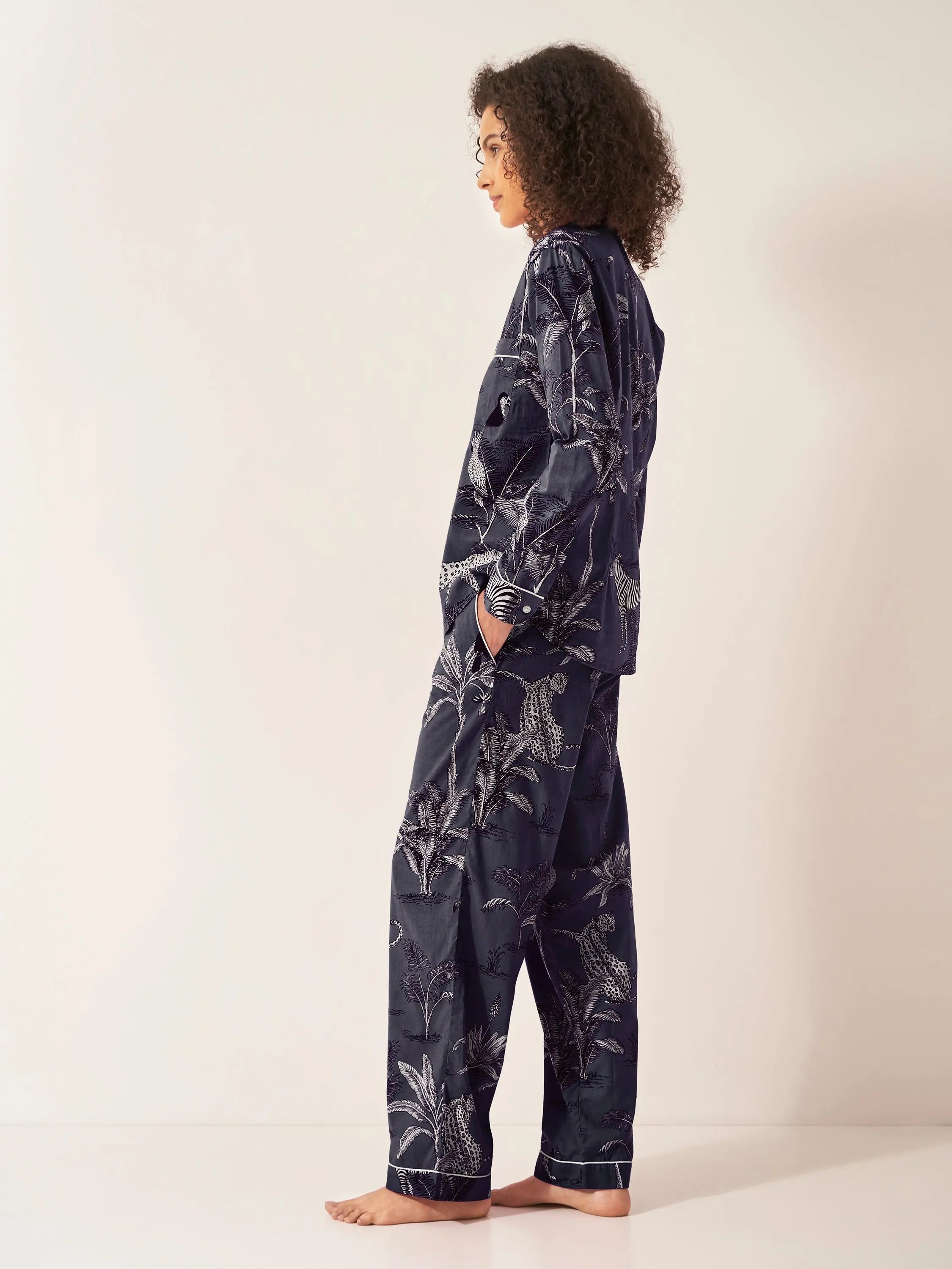 Navy Jungle Women's Long Sleeve Organic Cotton Pyjama Trouser Set