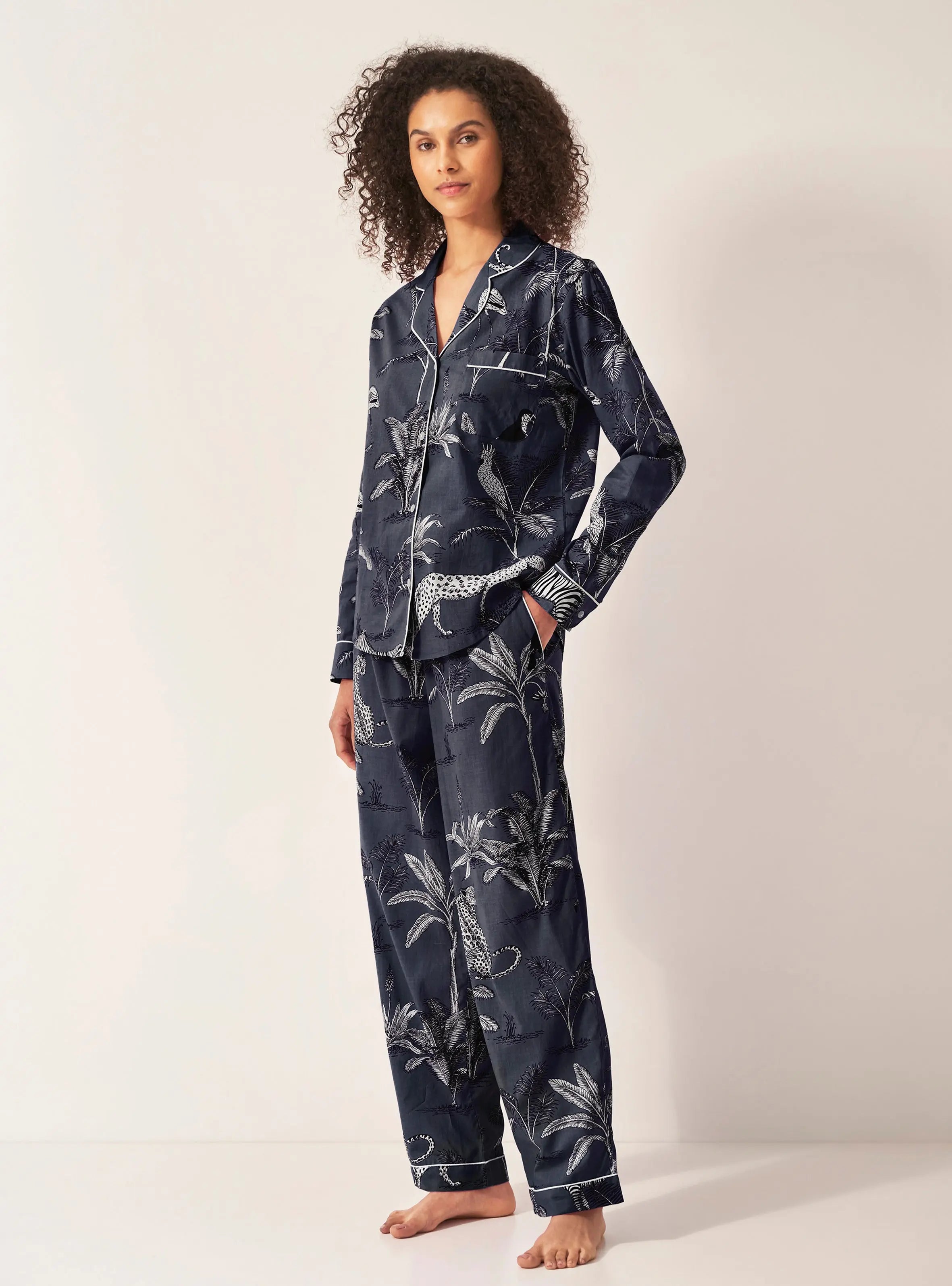 Navy Jungle Women's Long Sleeve Organic Cotton Pyjama Trouser Set