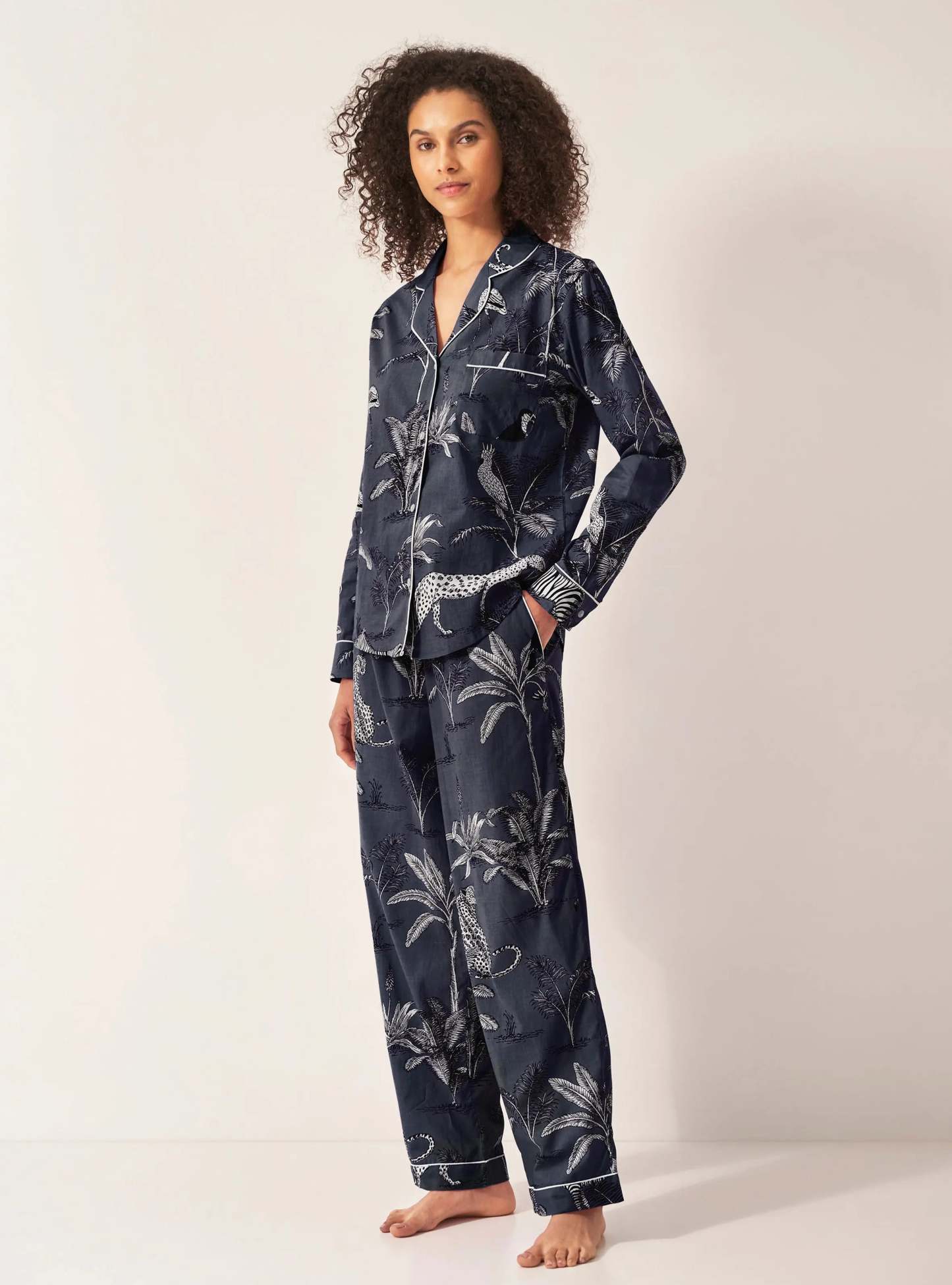 Navy Jungle Women's Long Sleeve Organic Cotton Pyjama Trouser Set