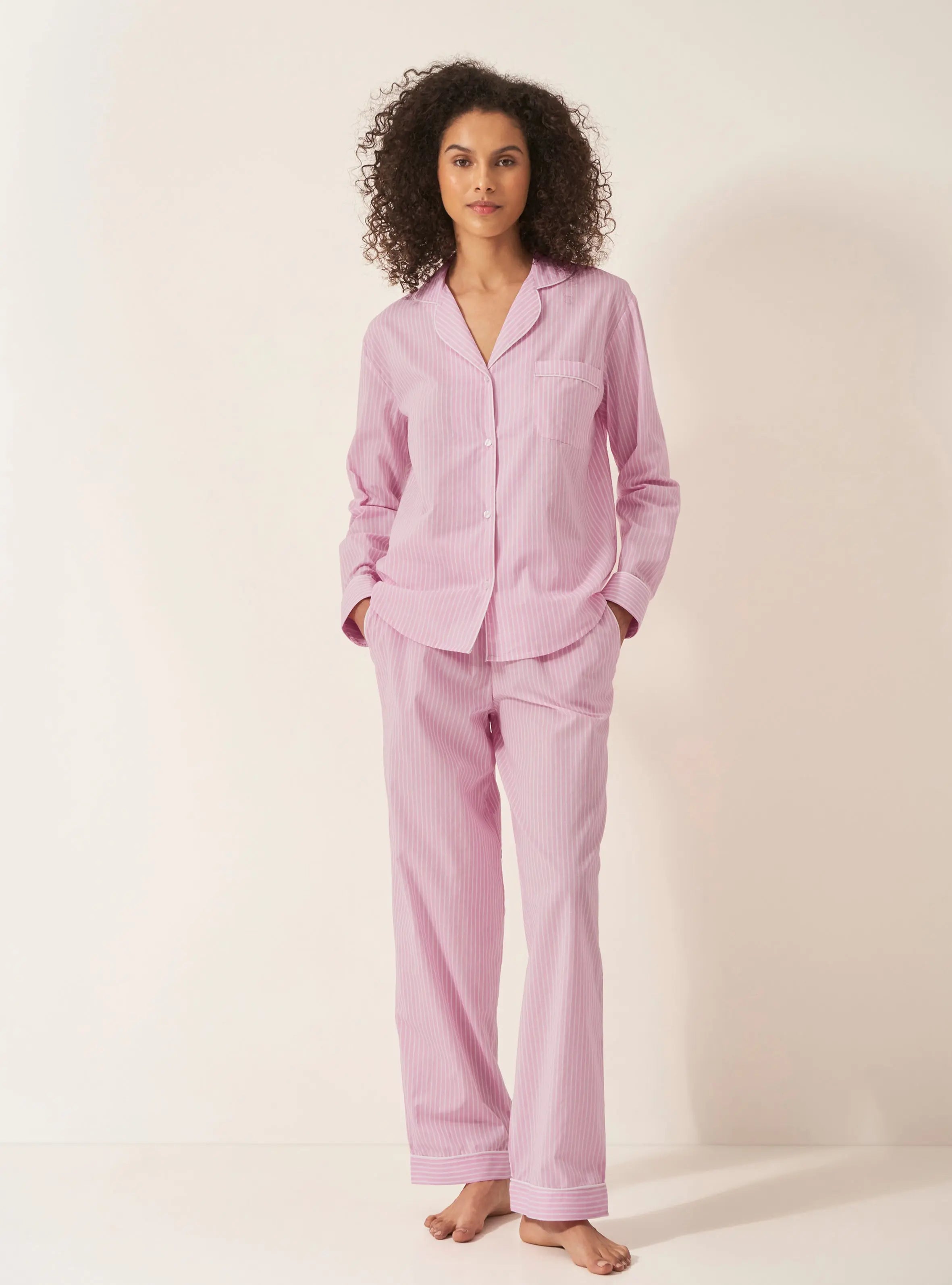 Pink & White Stripe Women's Long Sleeve Organic Cotton Pyjama Trouser Set
