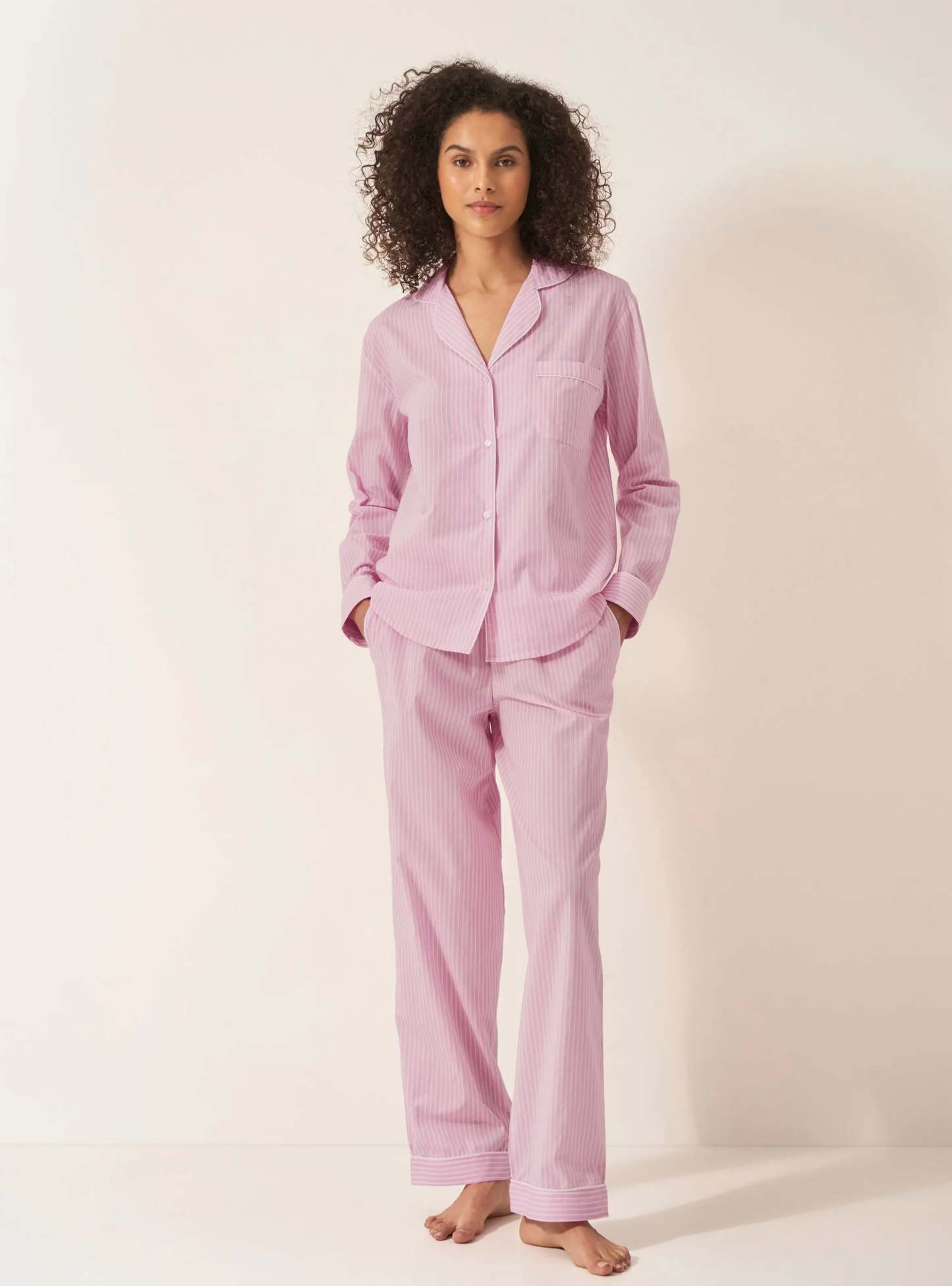 Pink & White Stripe Women's Long Sleeve Organic Cotton Pyjama Trouser 