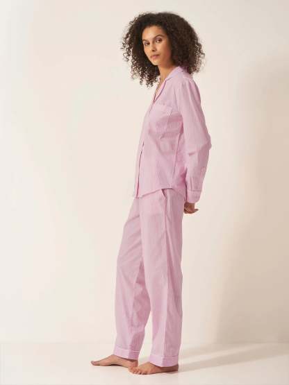 Pink & White Stripe Women's Long Sleeve Organic Cotton Pyjama Trouser Set