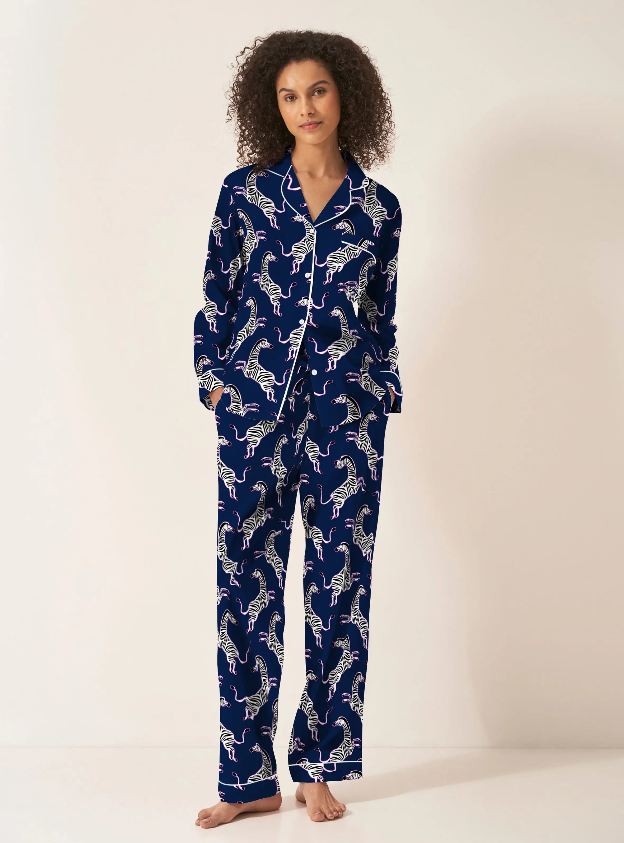 Pink Zebra Women's Long Sleeve Organic Cotton Pyjama Trouser Set