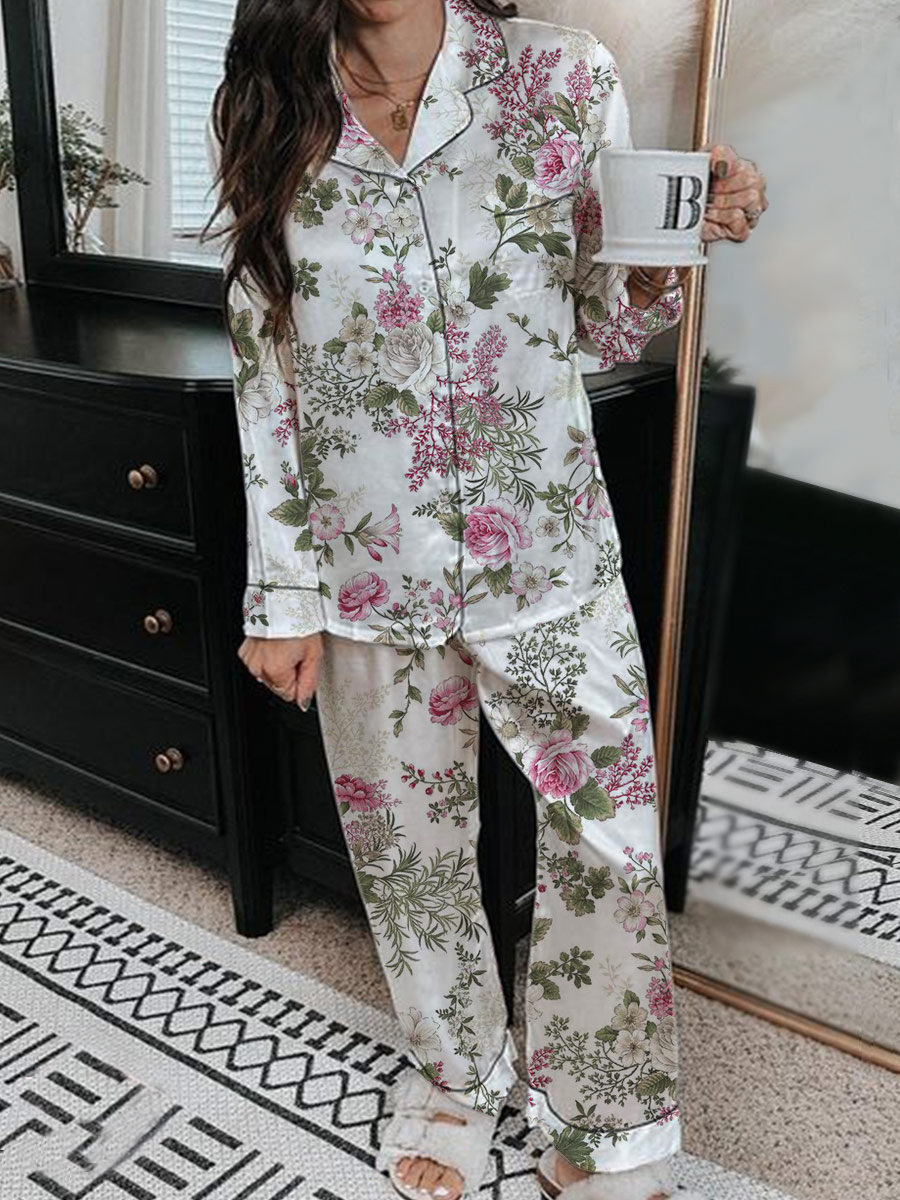 Women's Romantic Rose Pattern Long Sleeve Pants Suit