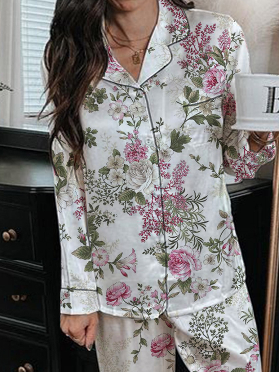 Women's Romantic Rose Pattern Long Sleeve Pants Suit