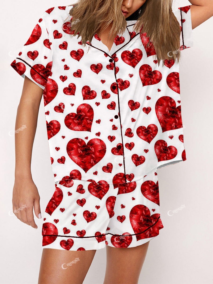 Women's Shining Heart Diamond Pattern Short Sleeve Shorts Set