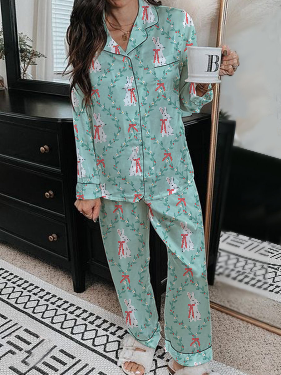 Women's Easter Art Floral Cute Animal Print Home Long Sleeve Set