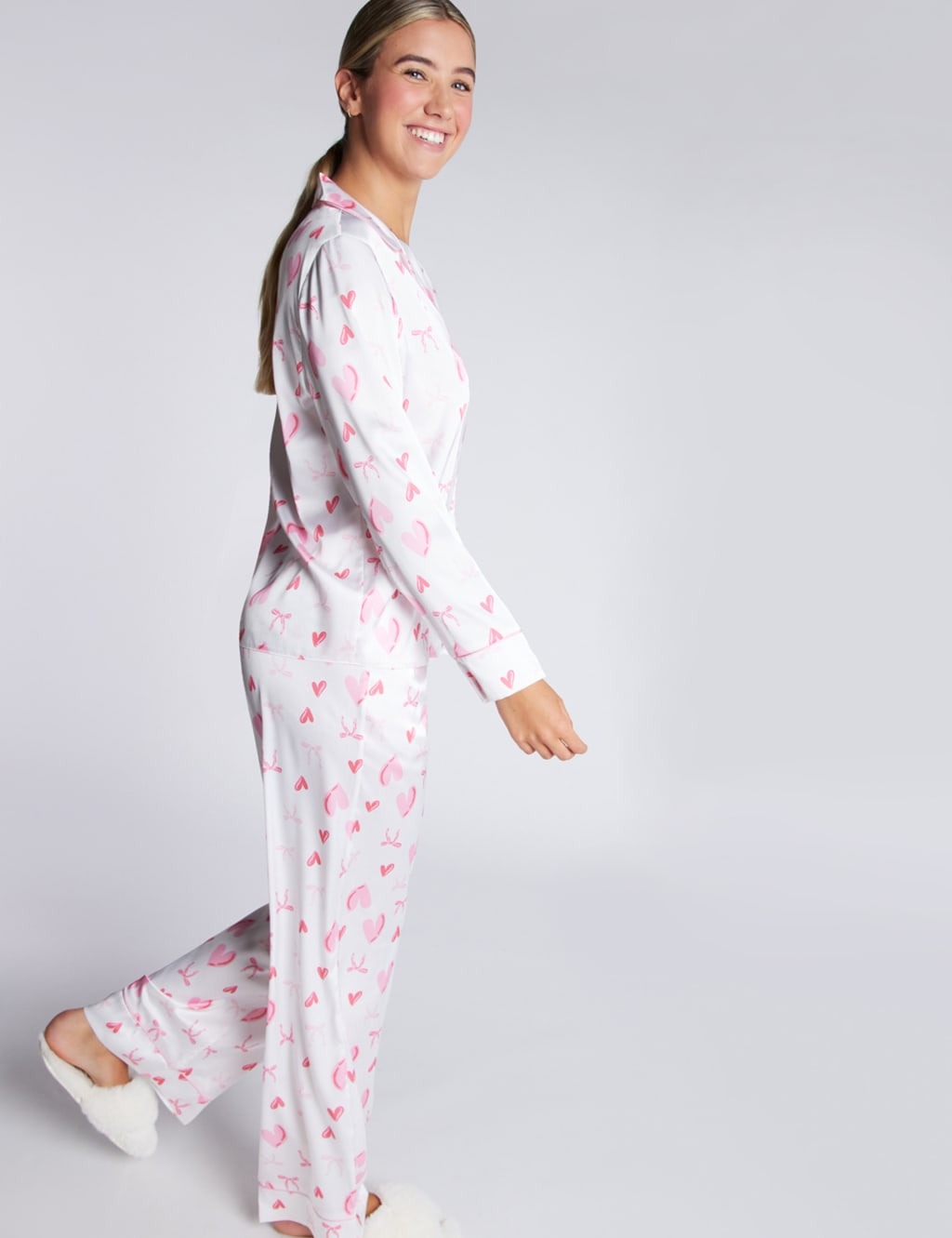 Satin Sweet Bow Heart Print Pyjama Set