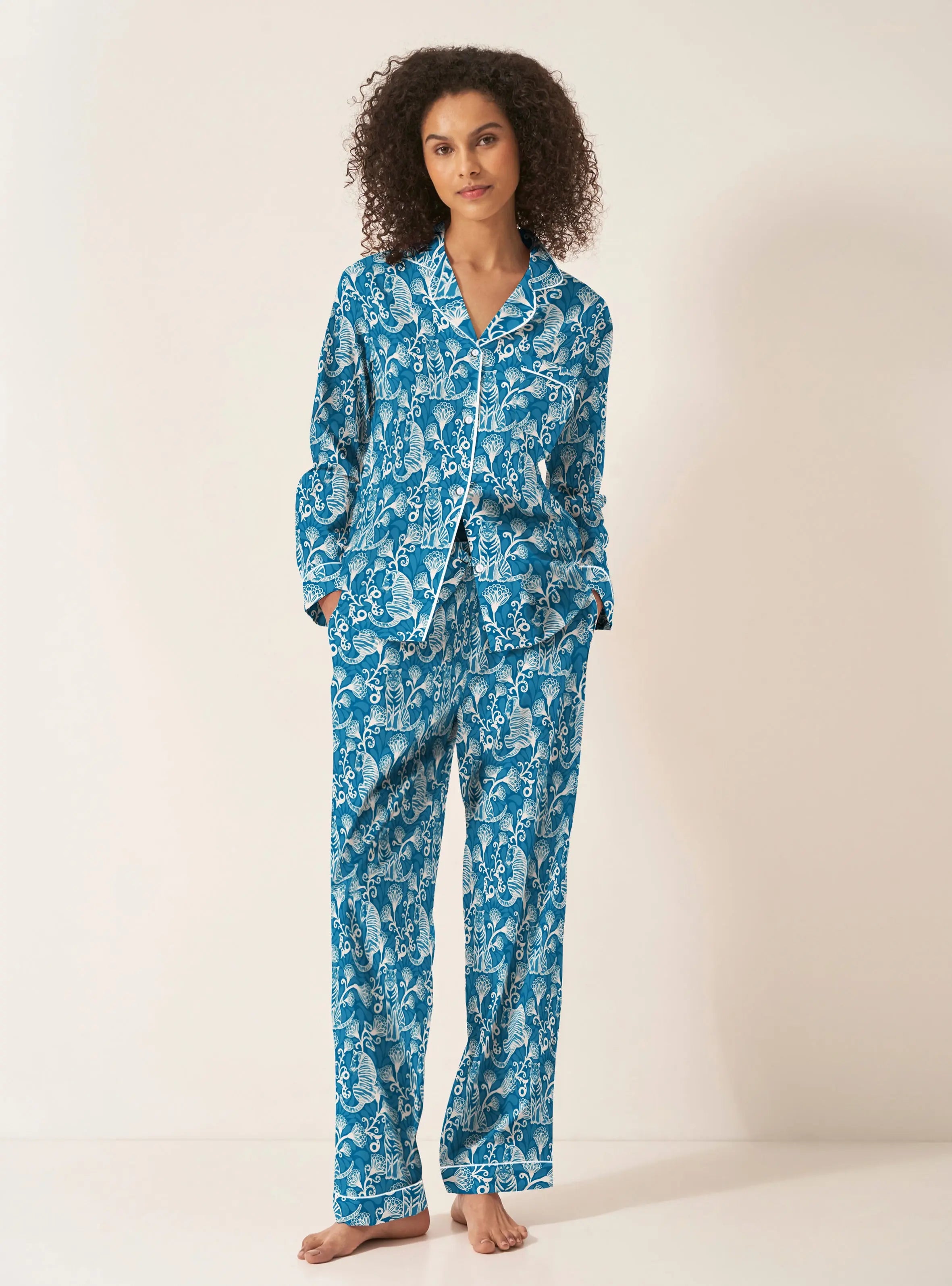Tiger & Florals Women's Long Sleeve Organic Cotton Pyjama Trouser Set