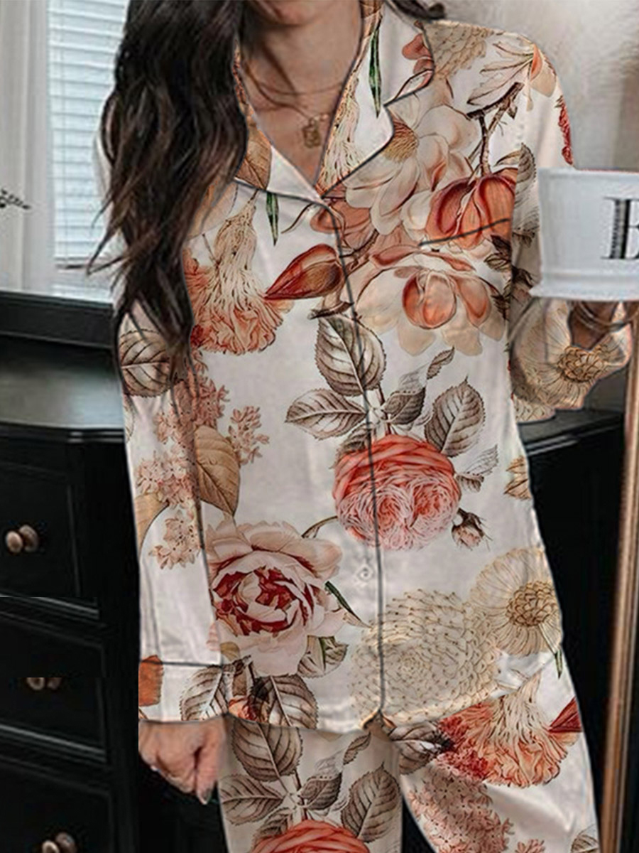 Women's Romantic Floral Pattern Long Sleeve Pants Set