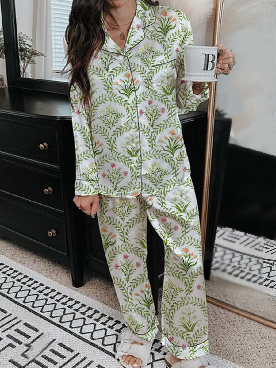 Women's Elegant Floral Pattern Long Sleeve Pants Set
