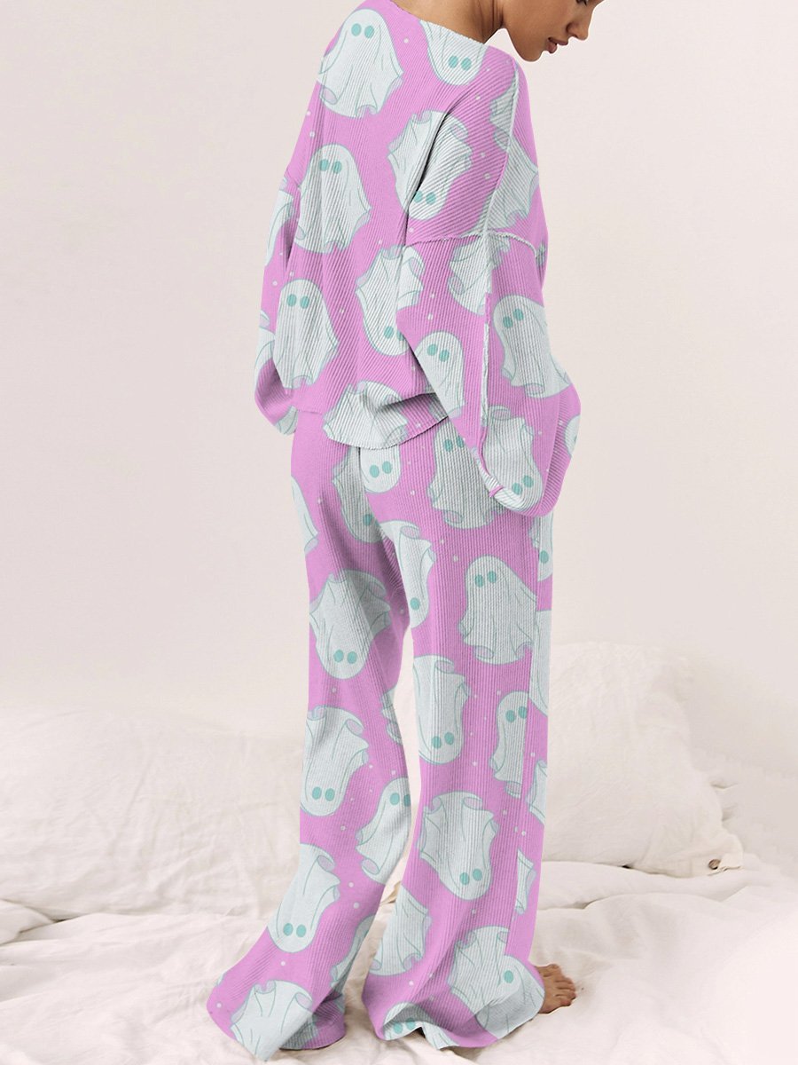 Women's Pink Ghost Print Casual Linen Cotton Set