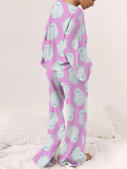 Women's Pink Ghost Print Casual Linen Cotton Set