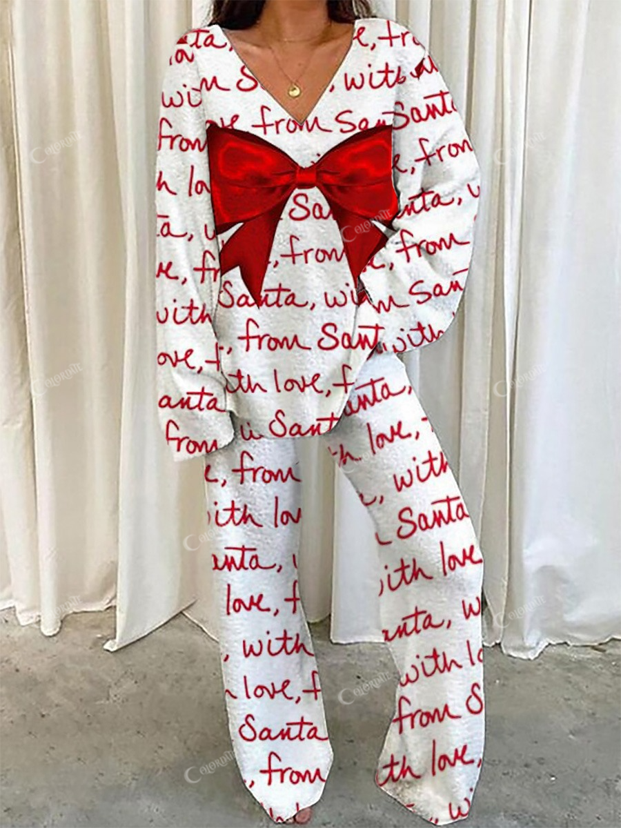 Women's Valentine's Day Bow Text Slogan Printed V-Neck Pajama Set