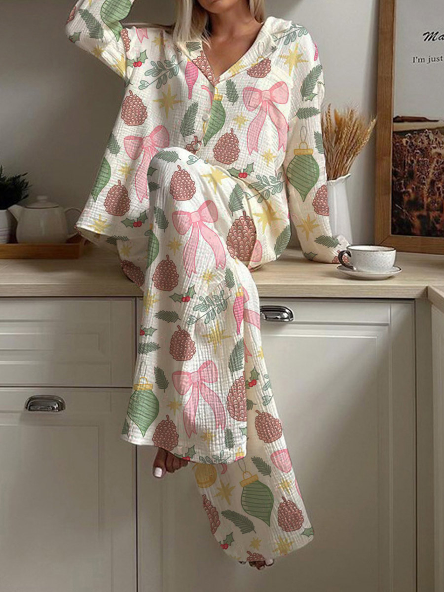 Women's Christmas Bow Pinecone Pattern Long Sleeve Pants Suit