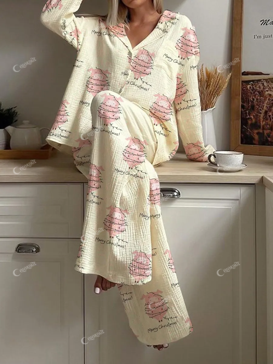 Women's Christmas Lights Pig Pajamas Set