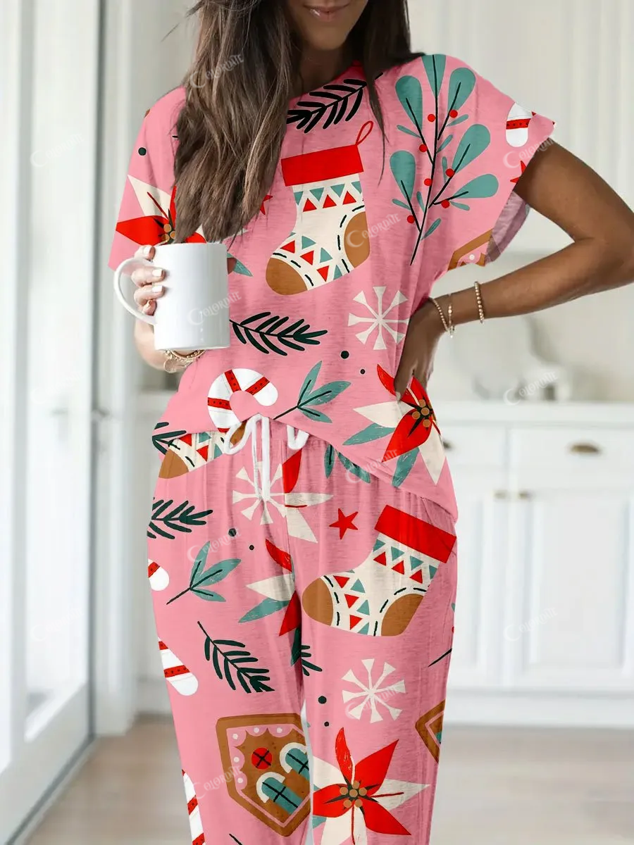 Women's Pink Simple Christmas Elements Printed Short-Sleeved Homewear Suit