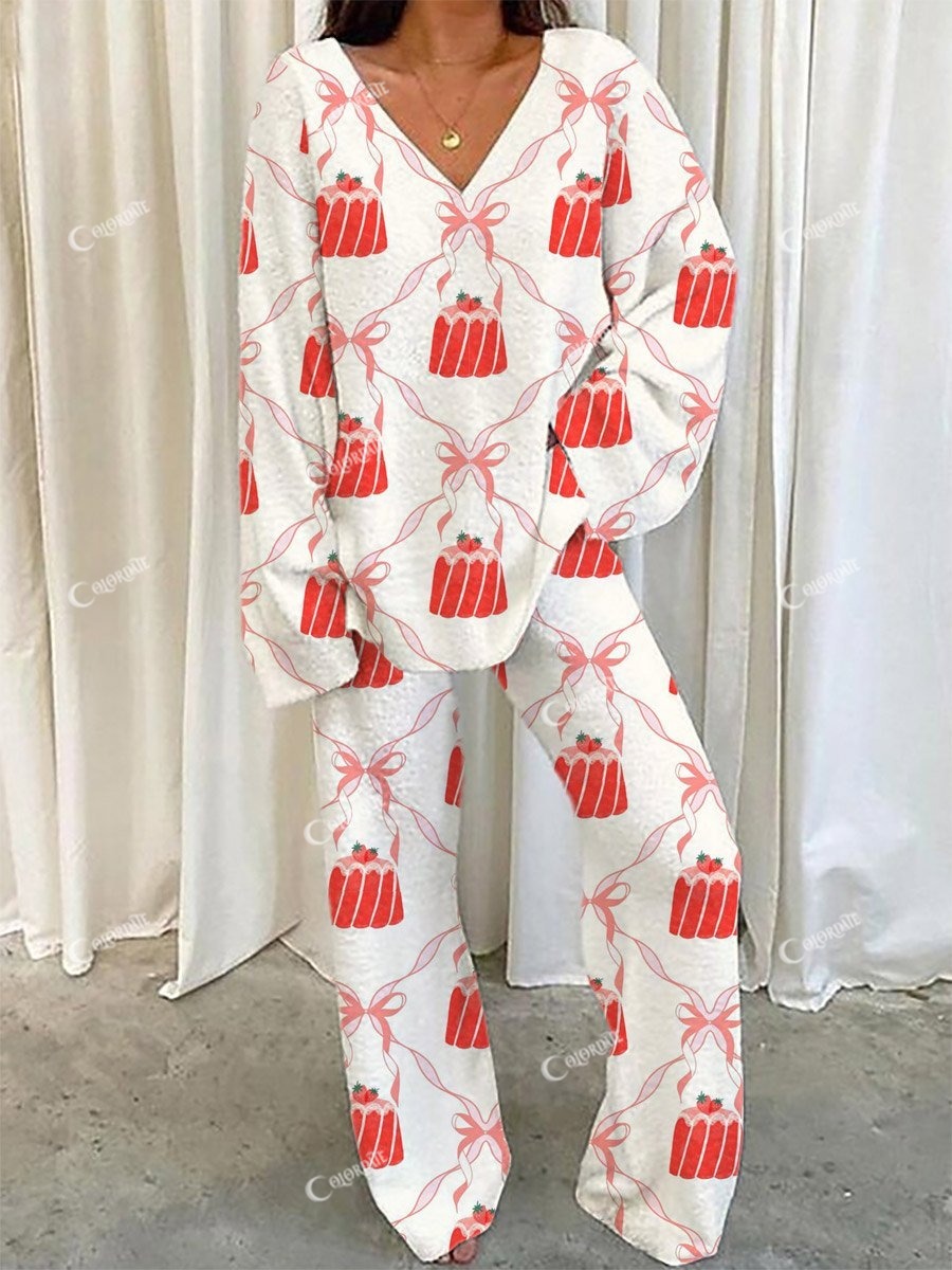 Women's Bow Pudding Pattern V-Neck Long Sleeve Pants Suit