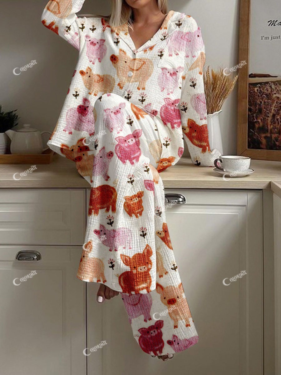Women's Cute Pig Print Comfortable Loose Homewear Set