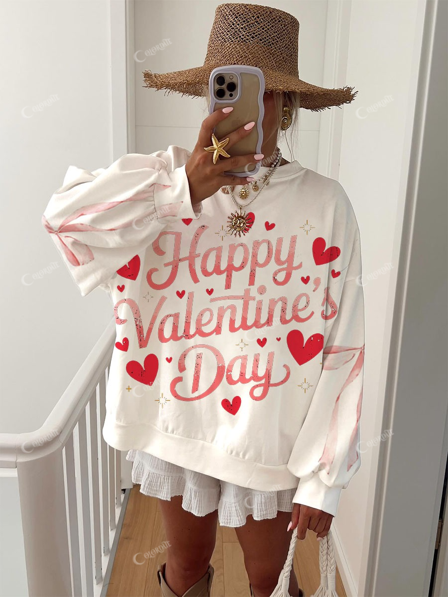 Women's Pink Happy Valentine's Day Heart Print Crew Neck Sweatshirt
