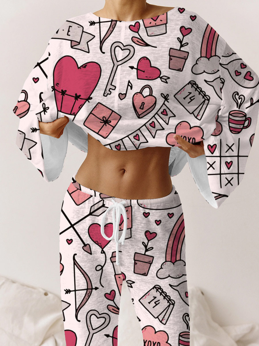 Women's Valentine's Day Rainbow Heart Pattern Long Sleeve Pants Set