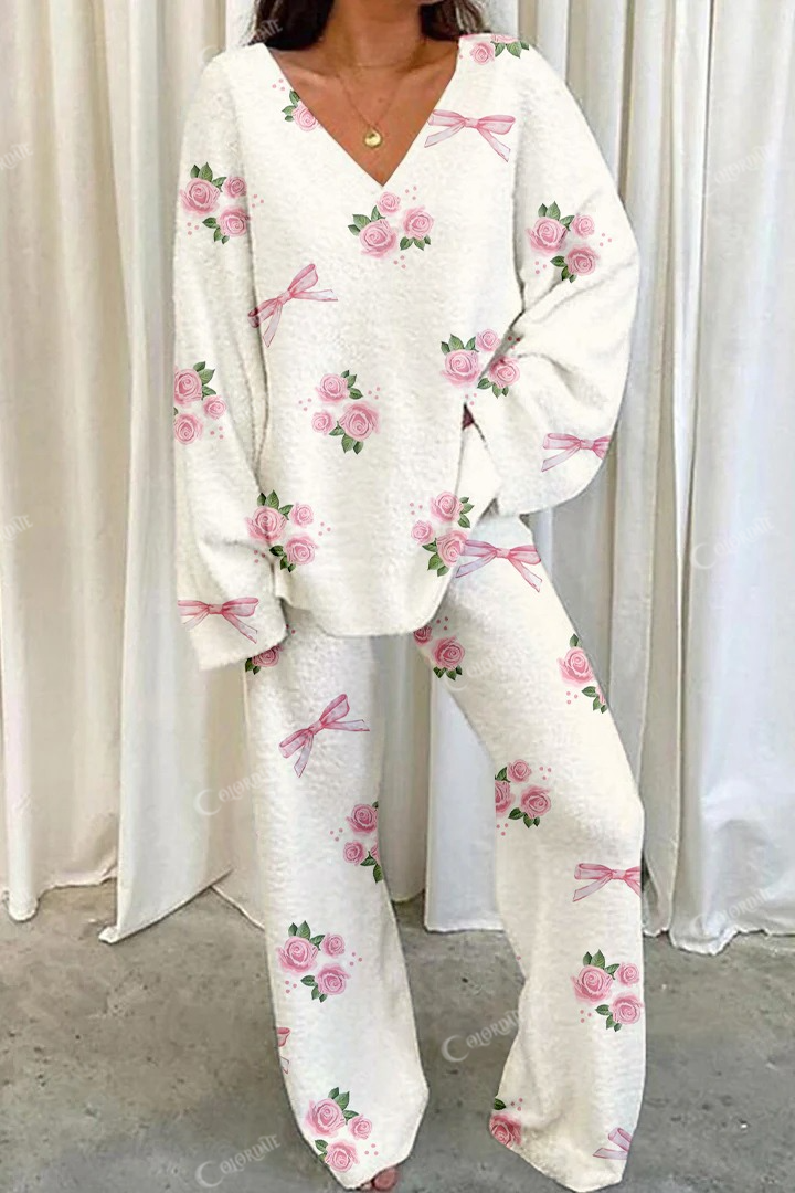 Women's Floral Bow Printed Casual Homewear Set
