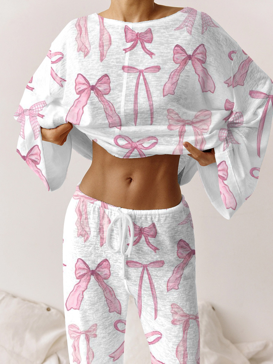 Women's Fun Bow Pattern Round Neck Long Sleeve Pants Set