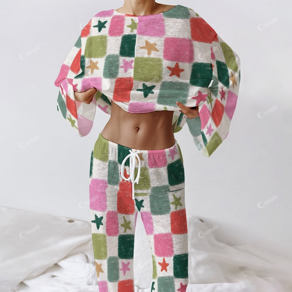 Women's Colorful Five-Pointed Star Square Plaid Long Sleeve Cotton Homewear Set