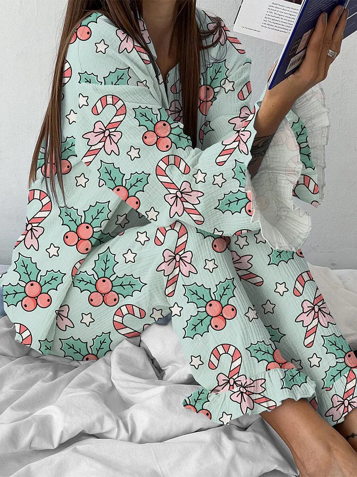 Women's Christmas Cute Candy Cane Holly Pattern Ruffle Long Sleeve Pants Set