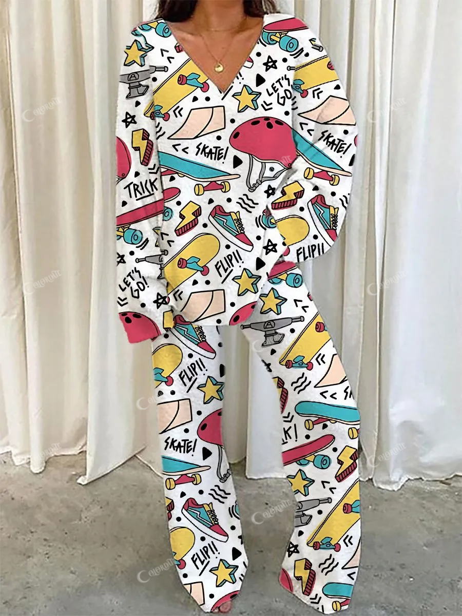 Women's Skateboard Helmet Printed V-Neck Suit