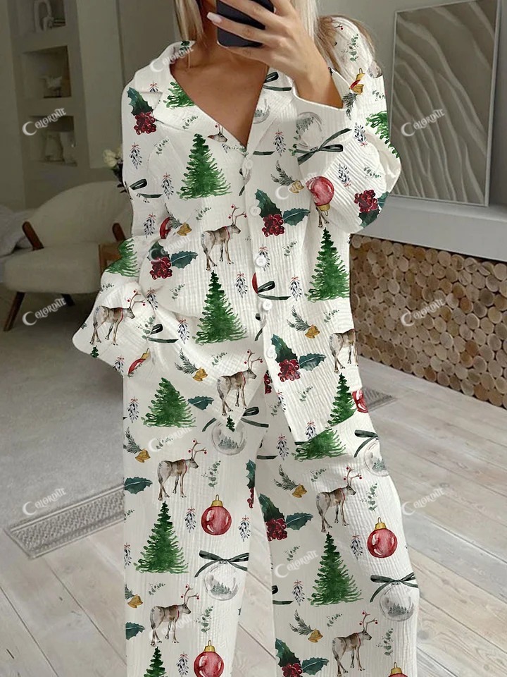 Women's Christmas Tree Elk Lantern Print Loose Homewear Set