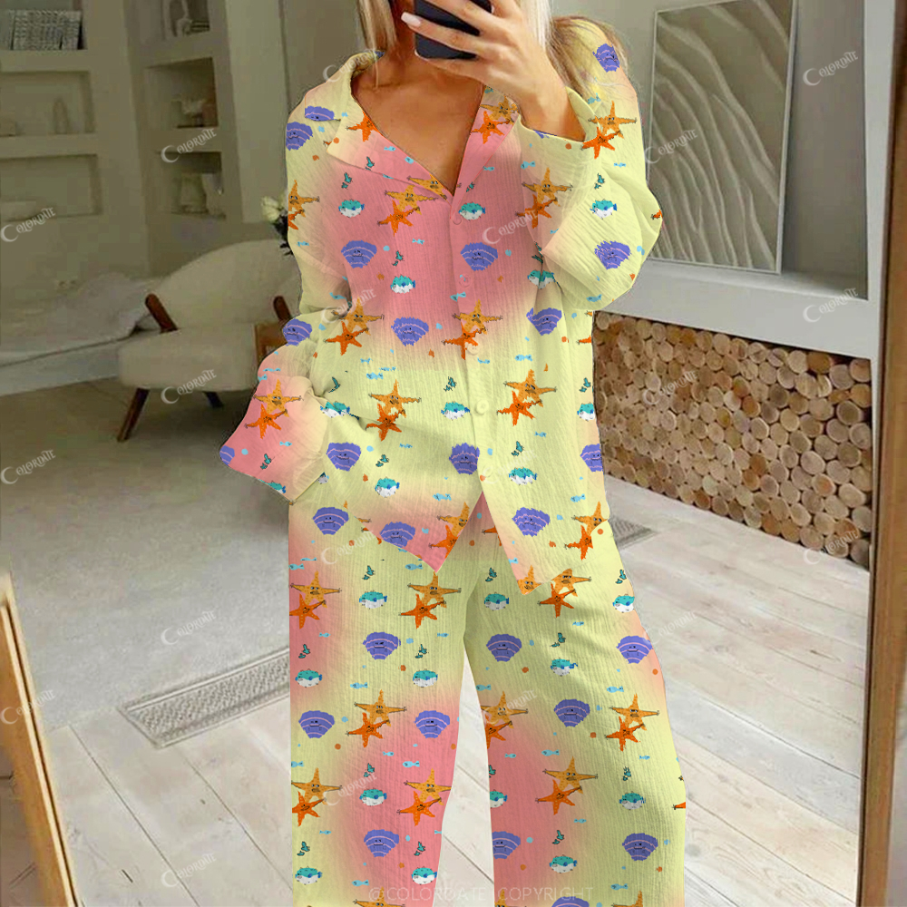 Colordate Women's Colorful Sea Creatures Print Cotton Cardigan Homewear Set