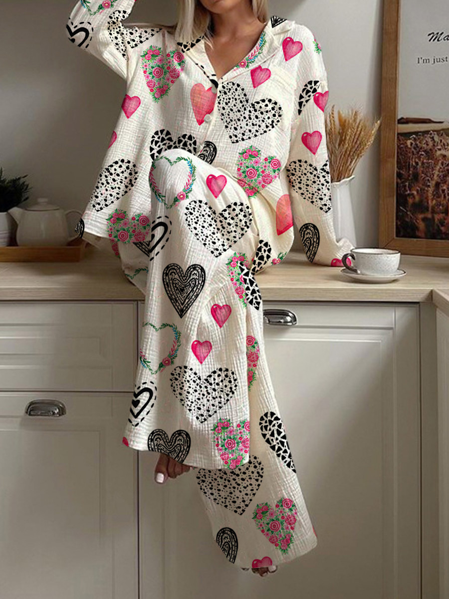 Women's Valentine's Day Love Art Painting Home Long Sleeve Suit