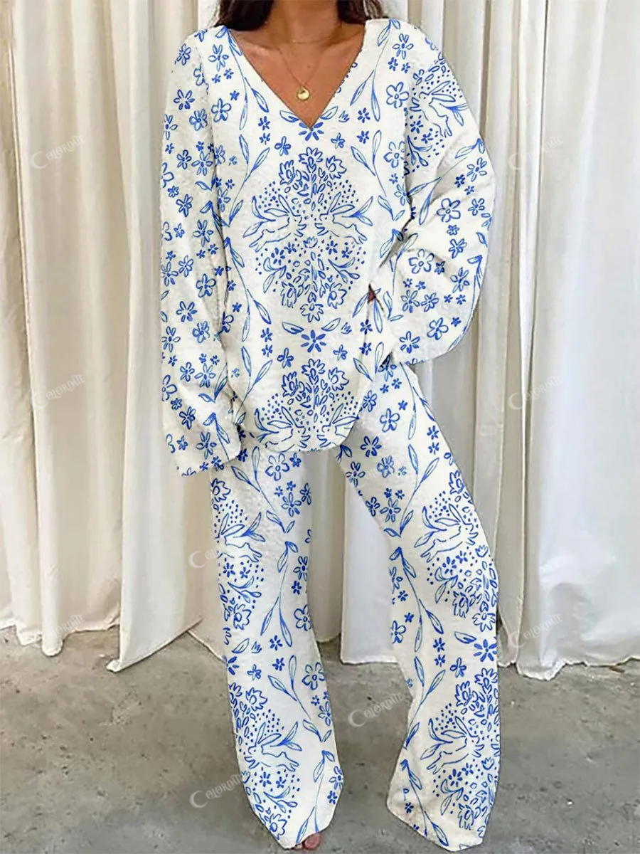 Women's Art Floral Bohemian Print Home Long Sleeve Suit