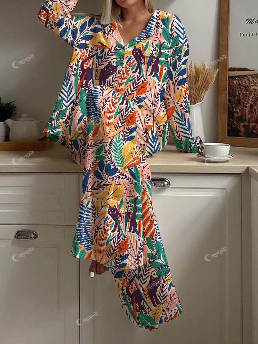 Women's Floral Kitten Pajamas Set