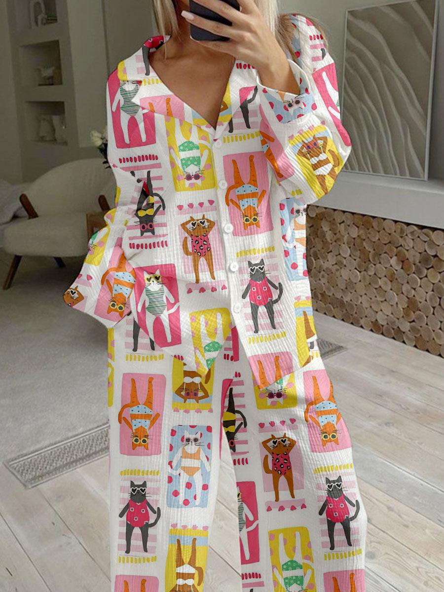 Women's Beach Chair Cat Print Loose Homewear Set
