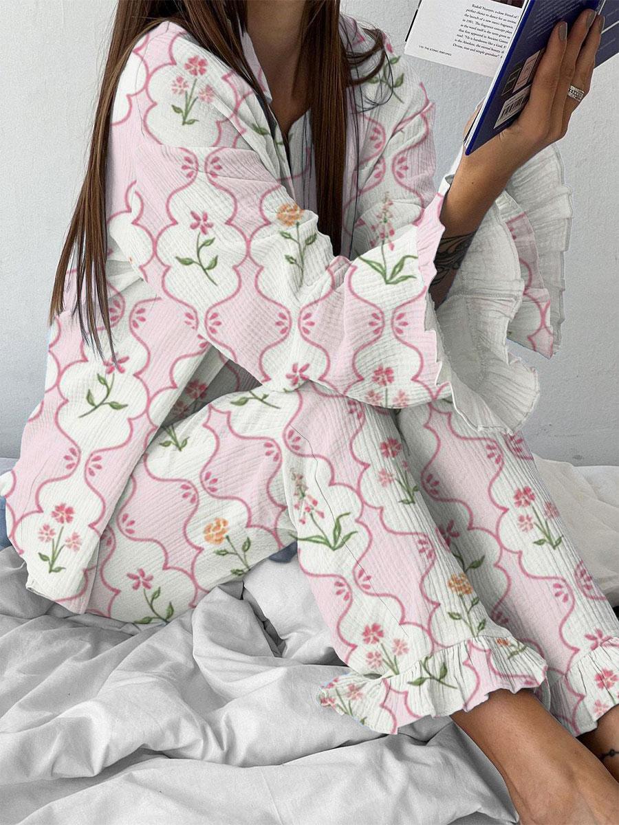 Women's Floral Pattern Ruffled Long Sleeve Pants Set