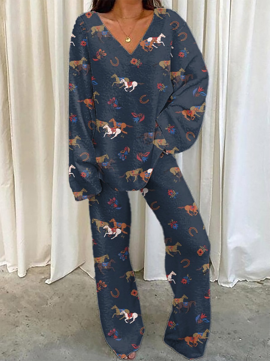 Women's Retro Horse Print Casual Homewear Set